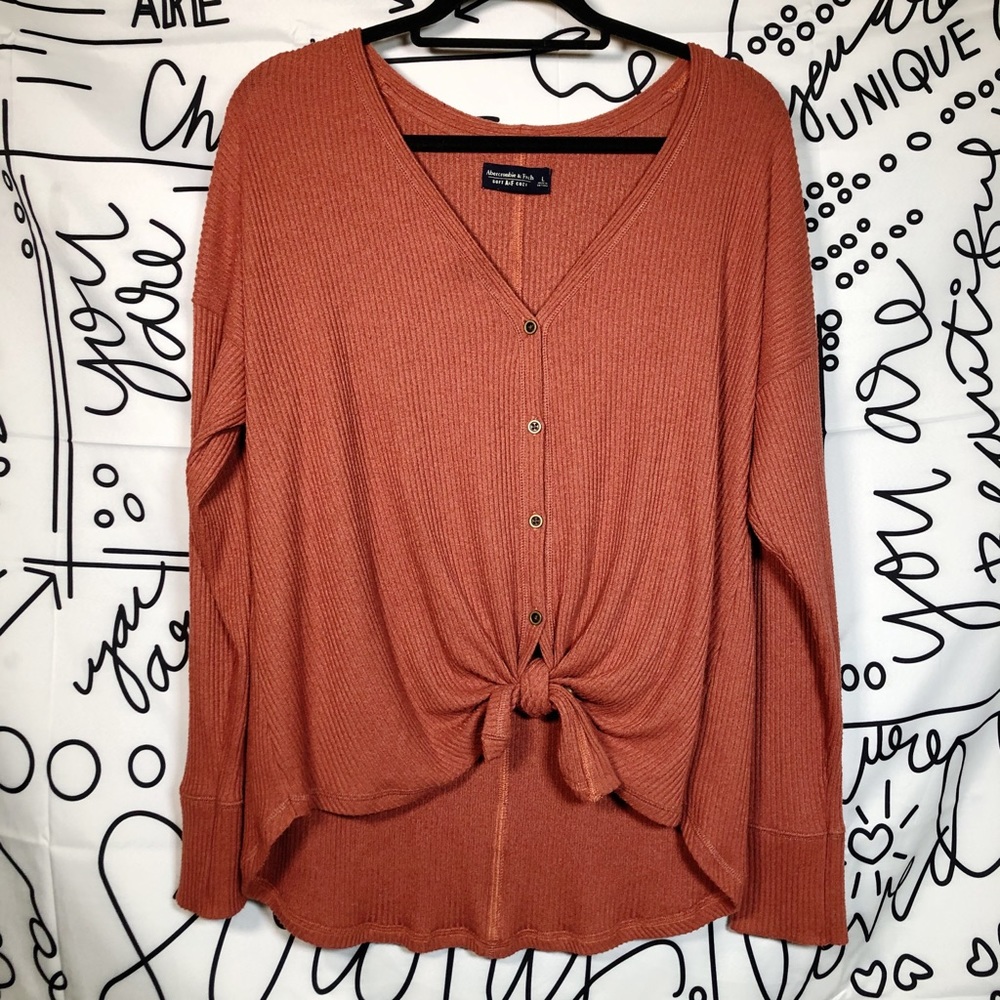 AF Abercrombie & Fitch Burnt Umber Rib Knit Slouch Fit Tie Front Knit Lounge Top